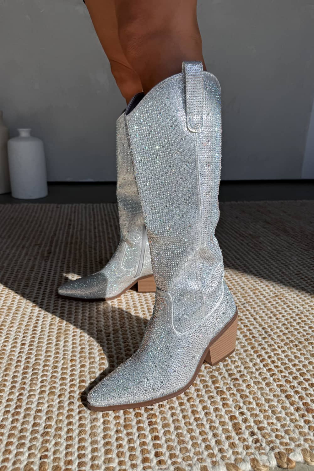 SABRINA Diamante Cowboy Western Boots - Silver