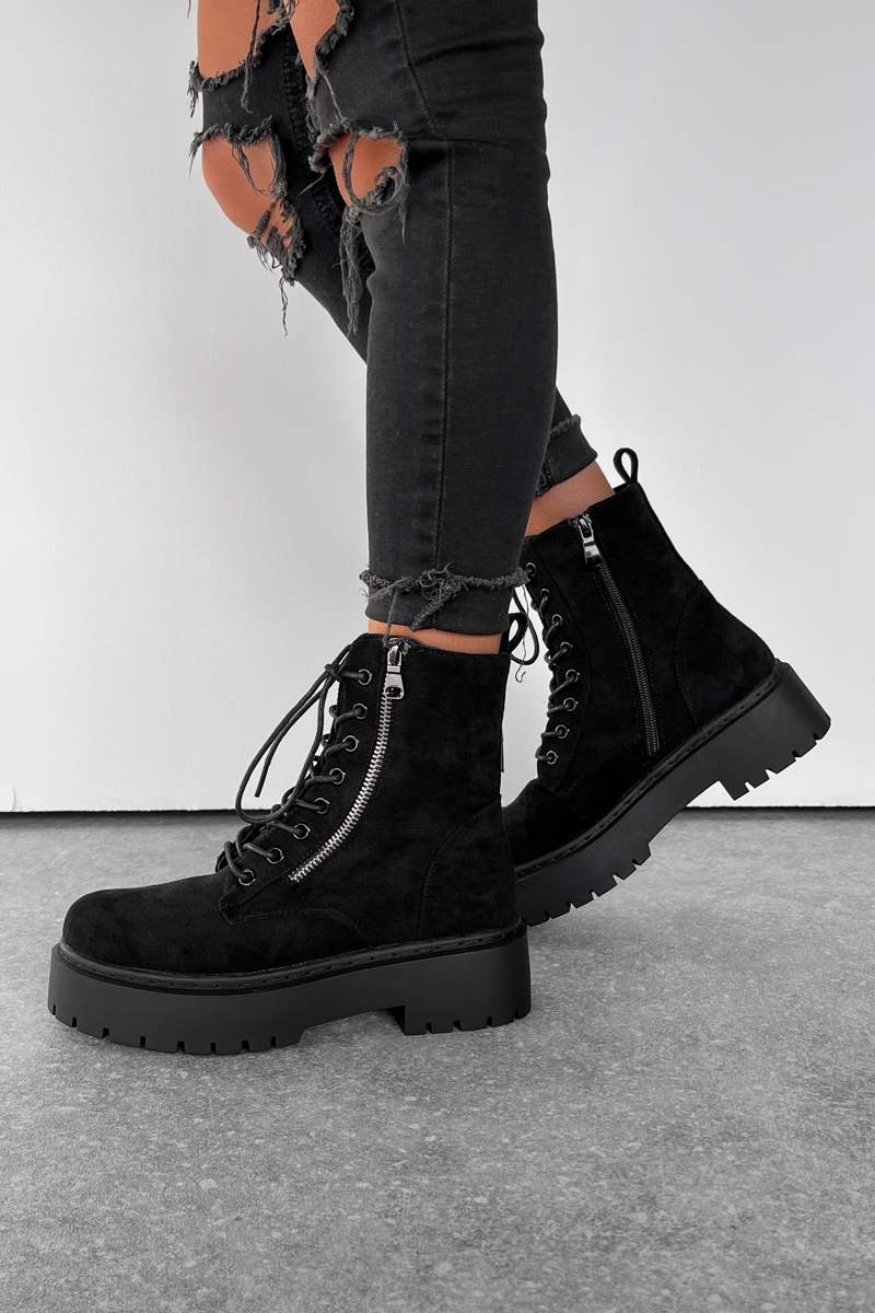 SAMI Chunky Sole Zip Ankle Boots - Black Suede