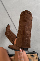SAVANNAH Fold Over Studded Cowboy Western Boots - Camel Suede