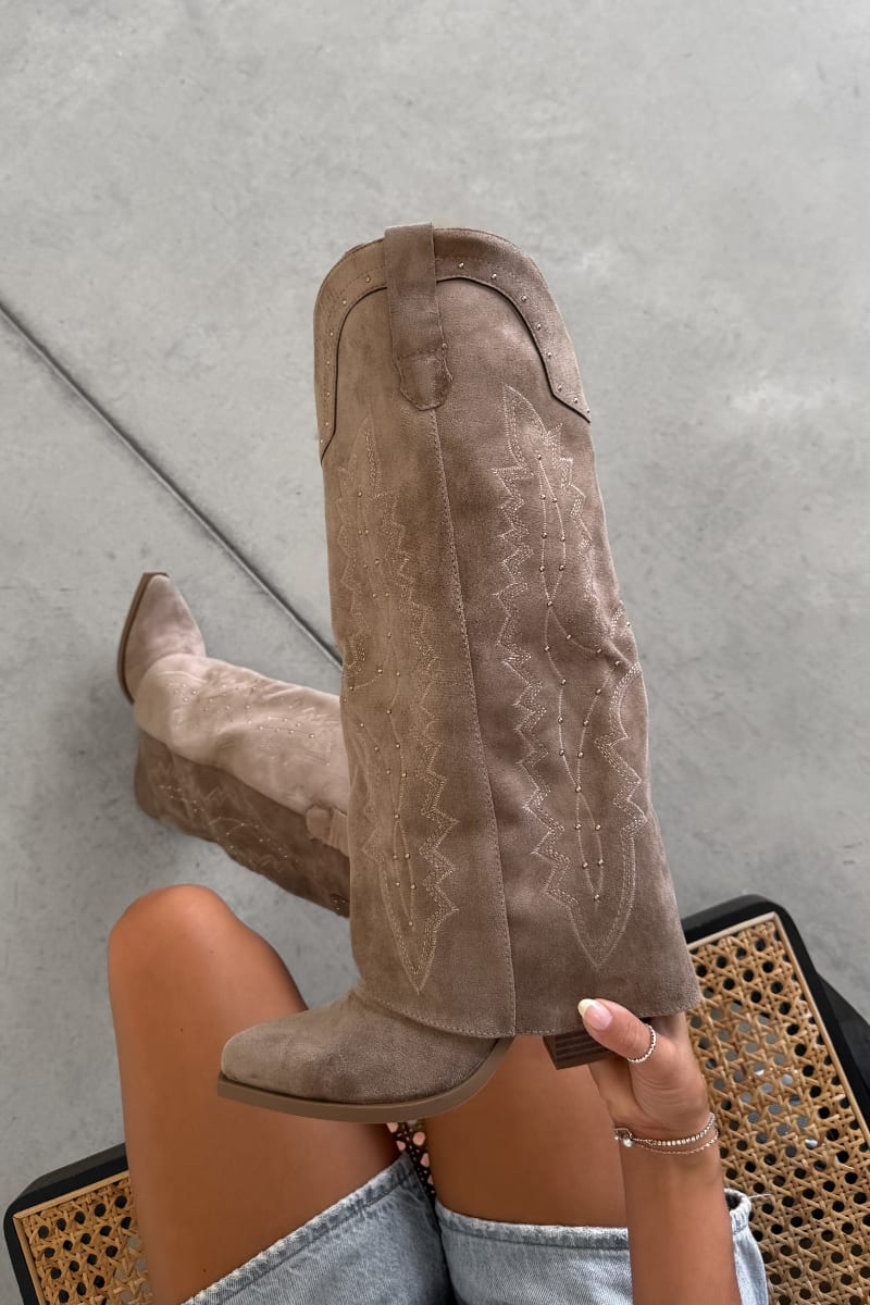 SAVANNAH Fold Over Studded Cowboy Western Boots - Camel Suede
