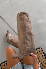 SAVANNAH Fold Over Studded Cowboy Western Boots - Camel Suede