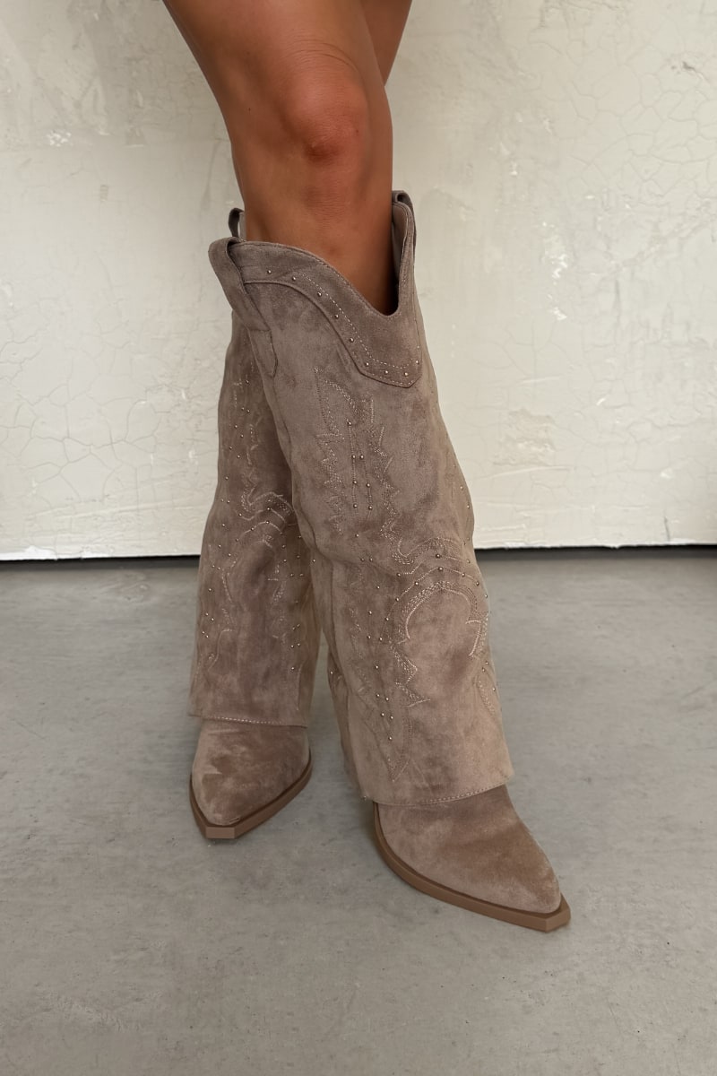 SAVANNAH Fold Over Studded Cowboy Western Boots - Camel Suede - 1