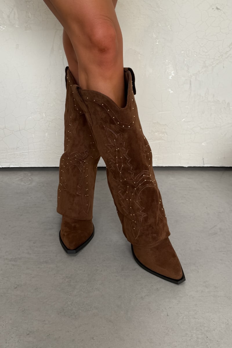 SAVANNAH Fold Over Studded Cowboy Western Boots - Camel Suede - 2