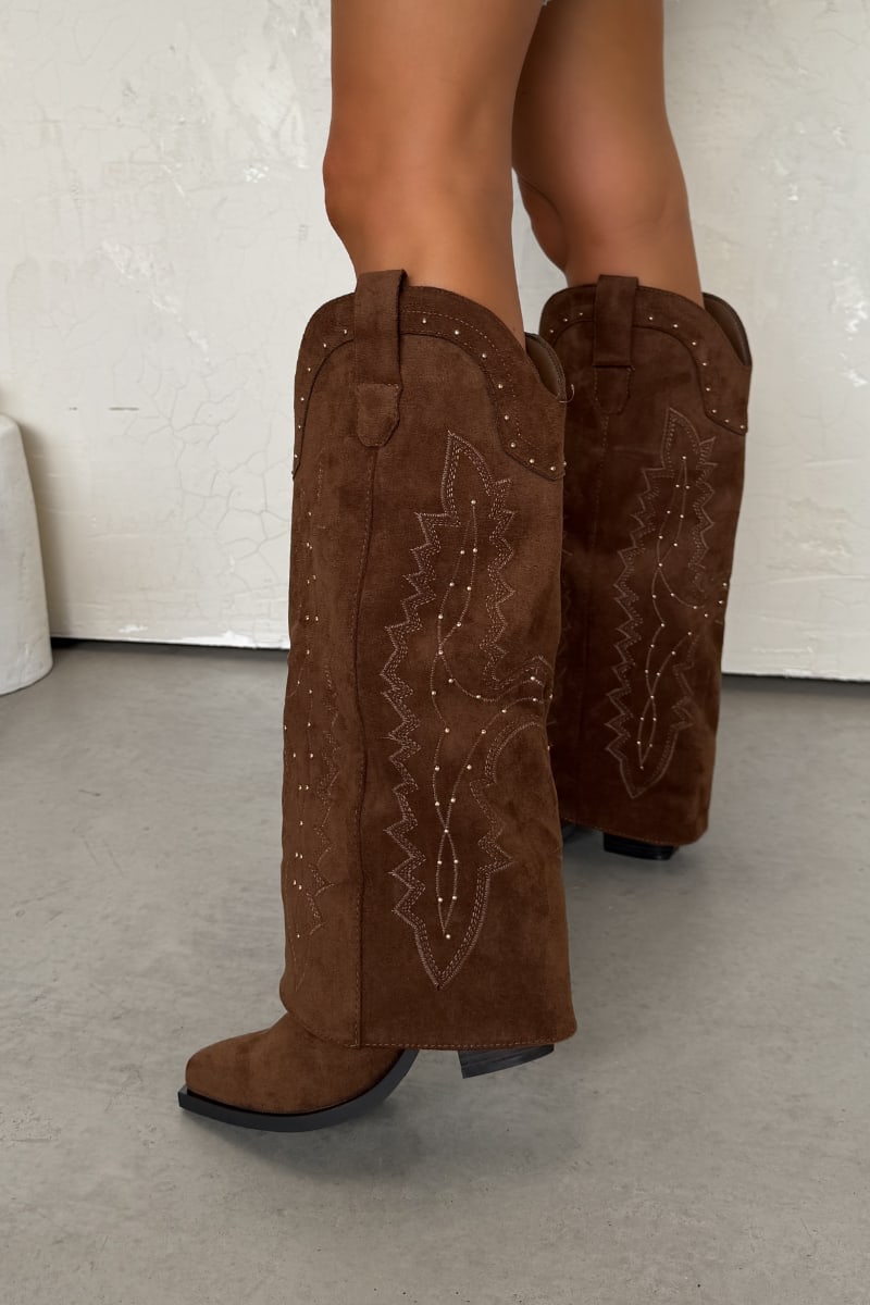 SAVANNAH Fold Over Studded Cowboy Western Boots - Camel Suede - 3