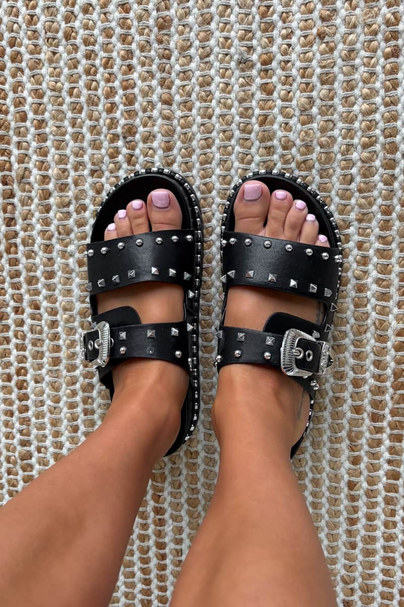 SAY IT Chunky Studded Western Buckle Sandals - Black - 3