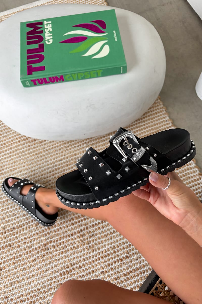 SAY IT Chunky Studded Western Buckle Sandals - Black