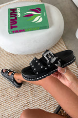 SAY IT Chunky Studded Western Buckle Sandals - Black