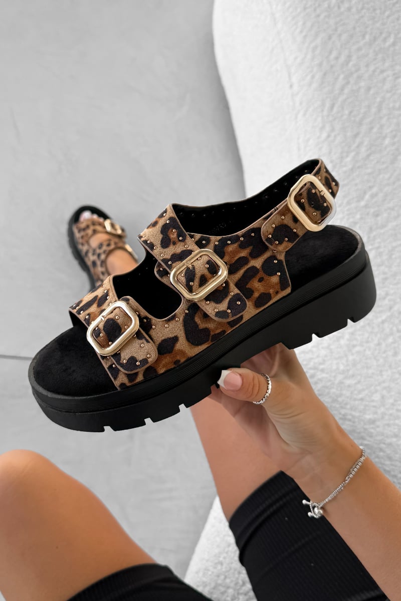 SHEREE Chunky Studded Buckle Sandals - Leopard