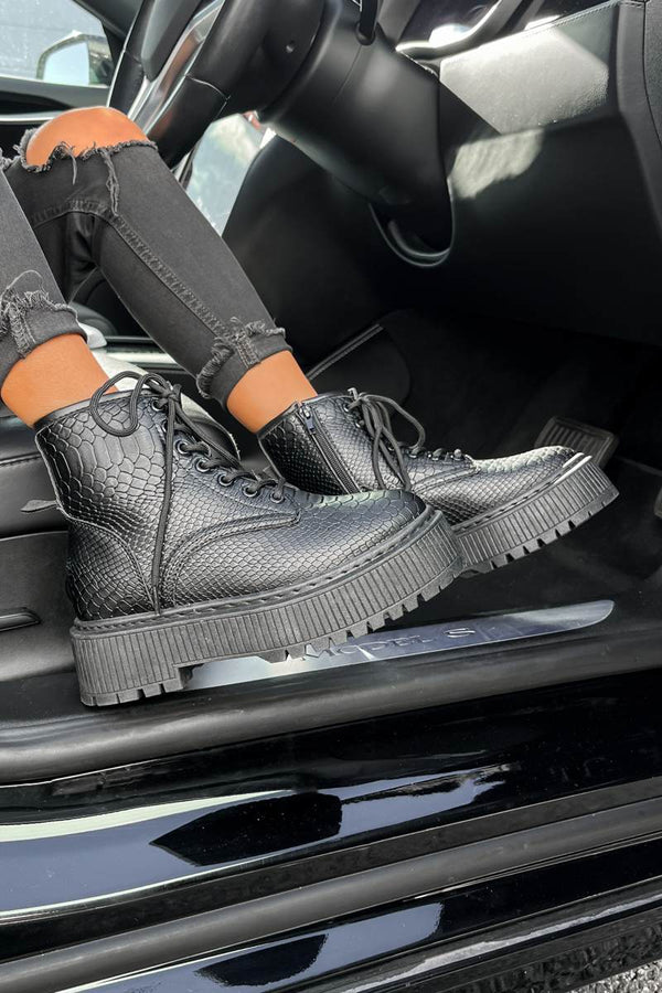 SONAR Chunky Platform Ankle Boots - Black Croc - 7