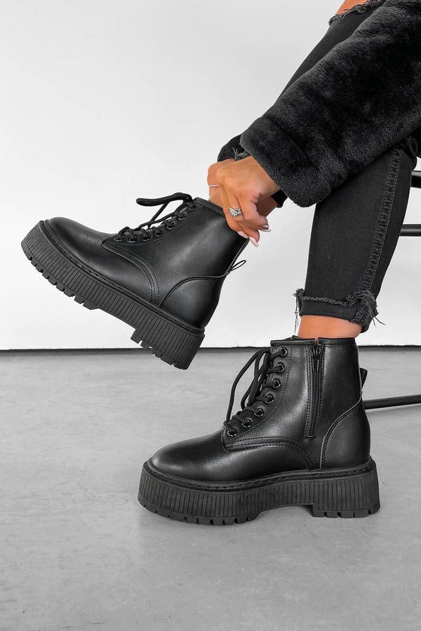 SONAR Chunky Platform Ankle Boots - Black PU