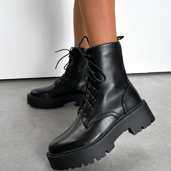 STEP IN Chunky Platform Military Boots Black PU AJ VOYAGE