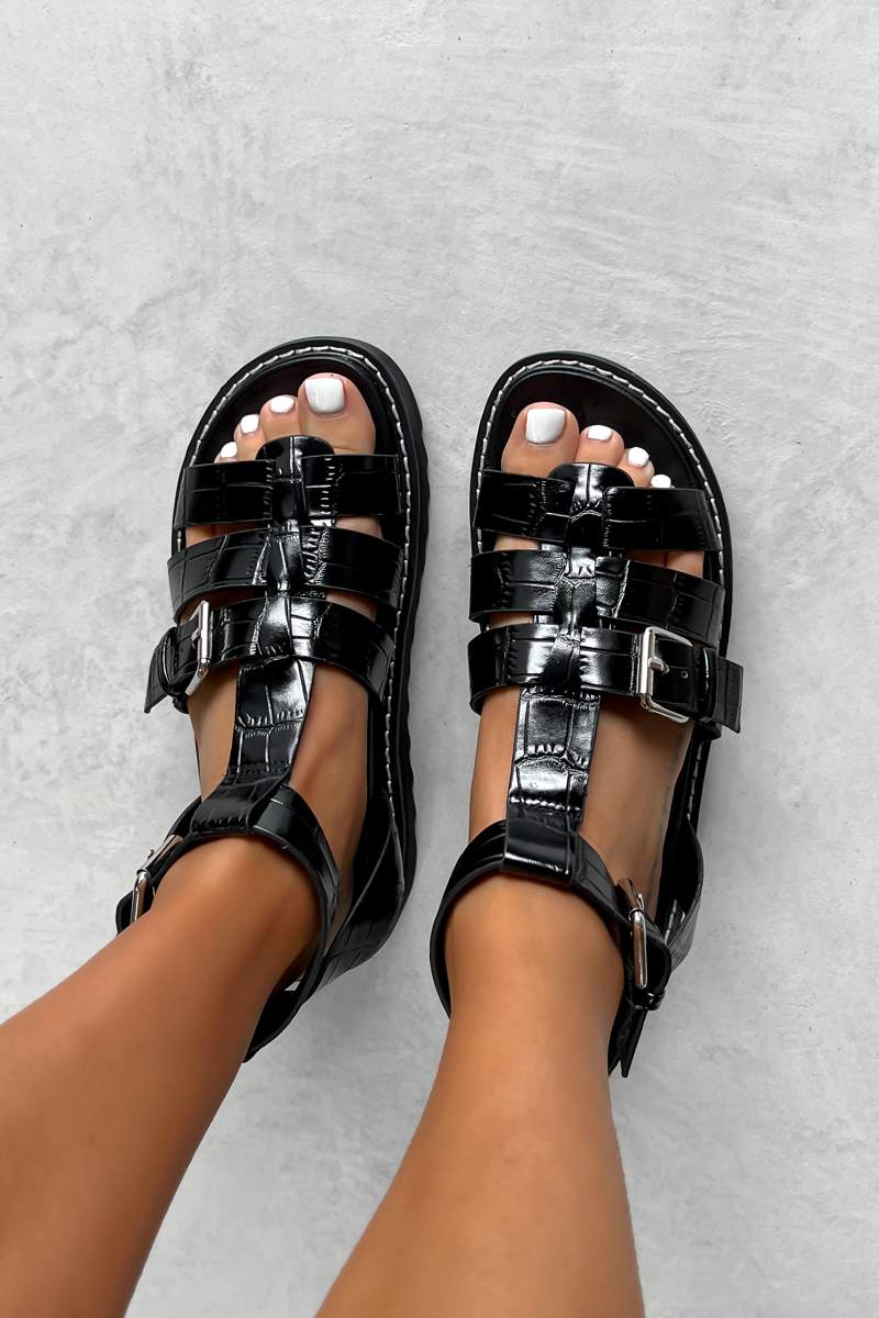 SYSTEM Chunky Gladiator Sandals - Black Croc - 1