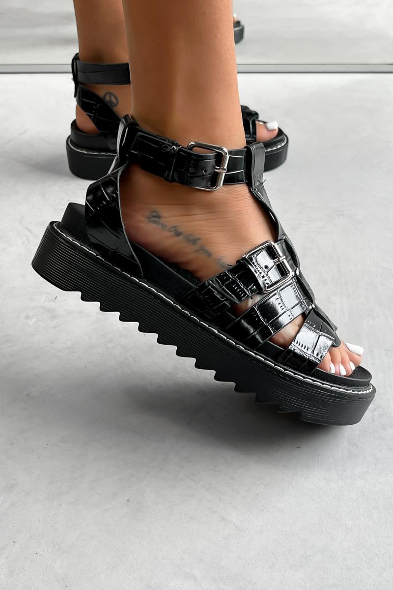 SYSTEM Chunky Gladiator Sandals - Black Croc - 2