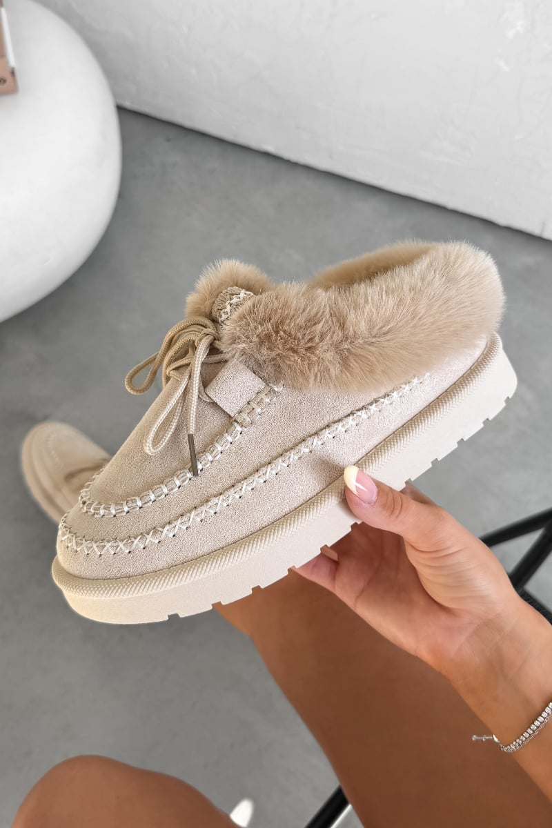 EVE Mini Faux Fur Ankle Slippers - Beige - 4