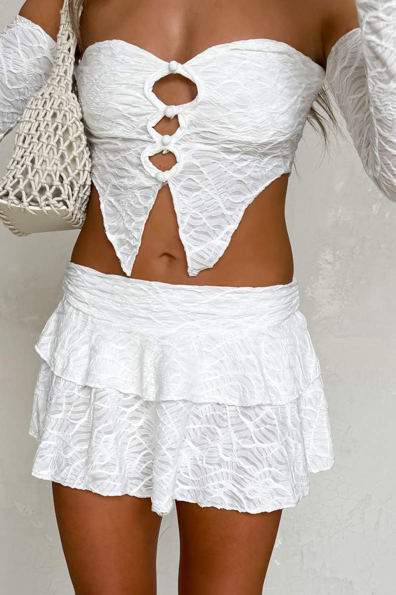 Strapless Crop Top and Ruffle Mini Skirt Co-ord - White - 1