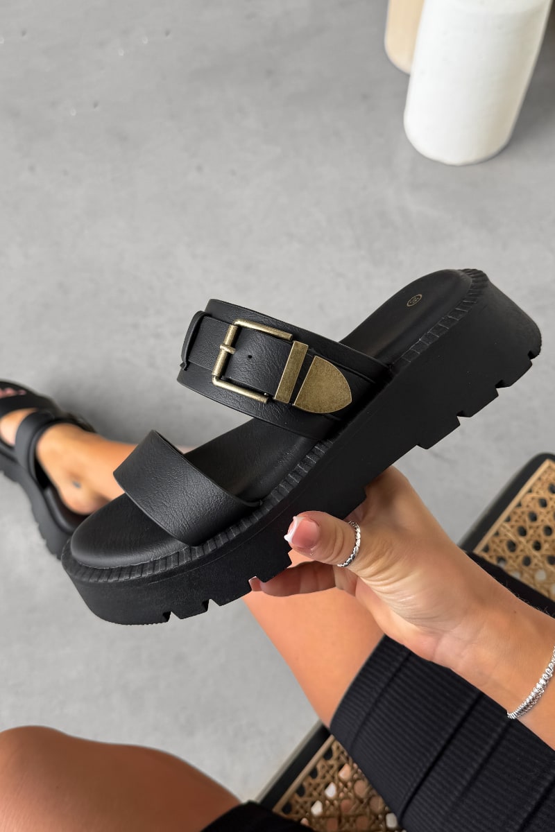 TAKE BACK Chunky Platform Buckle Sandals - Black