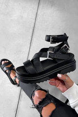 TAKEDOWN Chunky Buckle Gladiator Sandals - Black-1