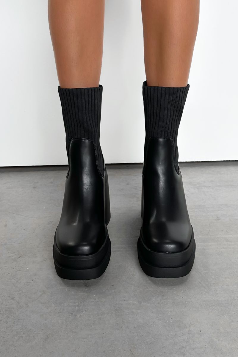 TAKE IT Sock Fit Platform Ankle Boots - Black PU - 3