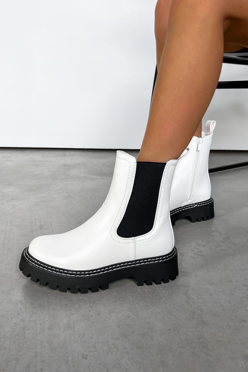 TAKEN Chelsea Stitch Ankle Boots - White PU