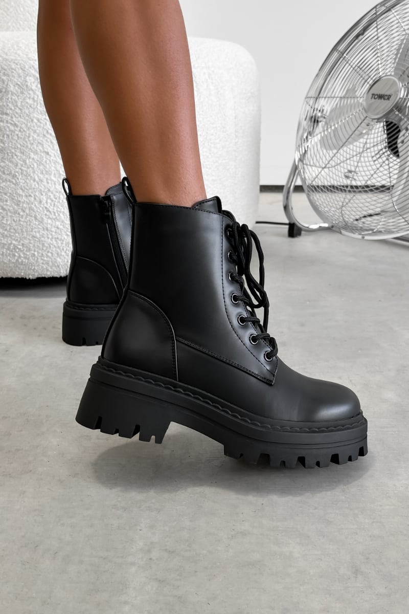 TAKEN Chunky Platform Ankle Boots - Black PU