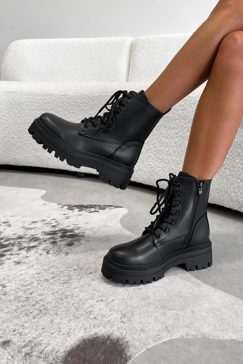 TAKEN Chunky Platform Ankle Boots - Black PU - 1
