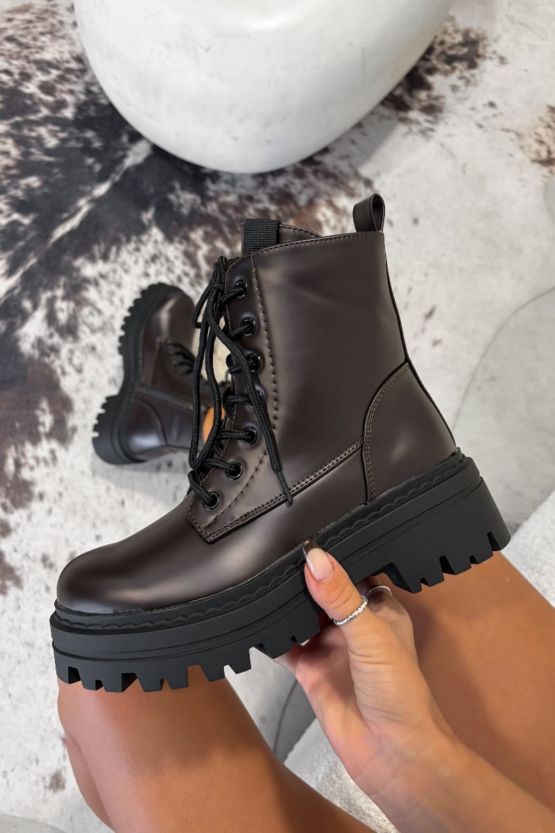 TAKEN Chunky Platform Ankle Boots - Brown PU