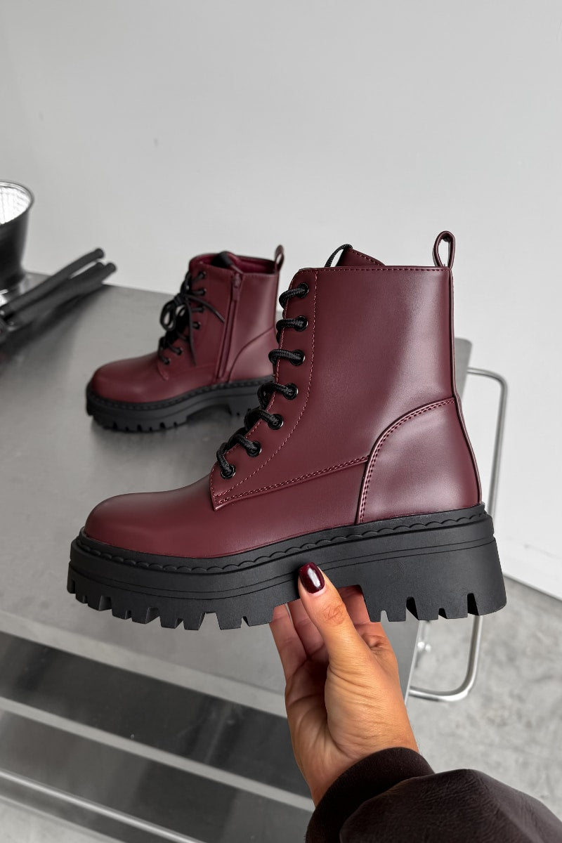 TAKEN Chunky Platform Ankle Boots - Burgundy PU