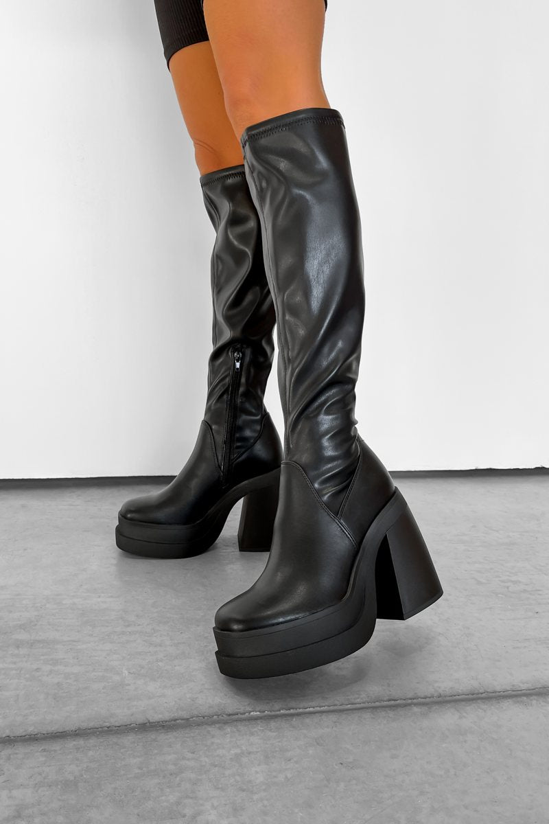 TAKE NOTE Chunky Knee High Stretch Boots Black PU – AJ VOYAGE
