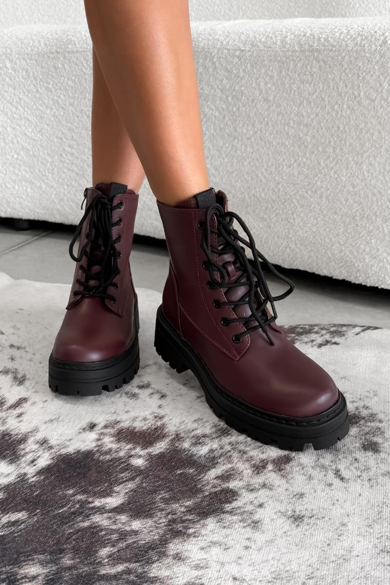 TAKEN Chunky Platform Ankle Boots - Burgundy PU - 2