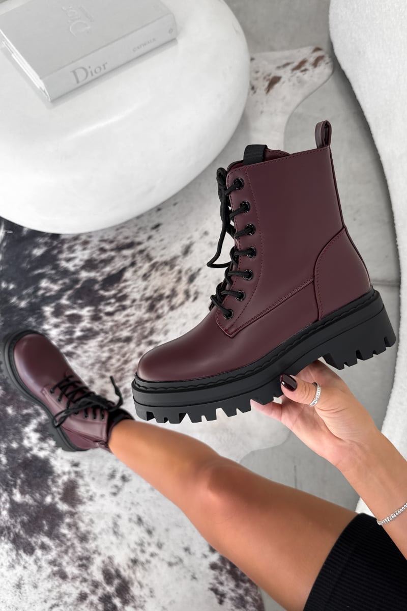 TAKEN Chunky Platform Ankle Boots - Burgundy PU - 5
