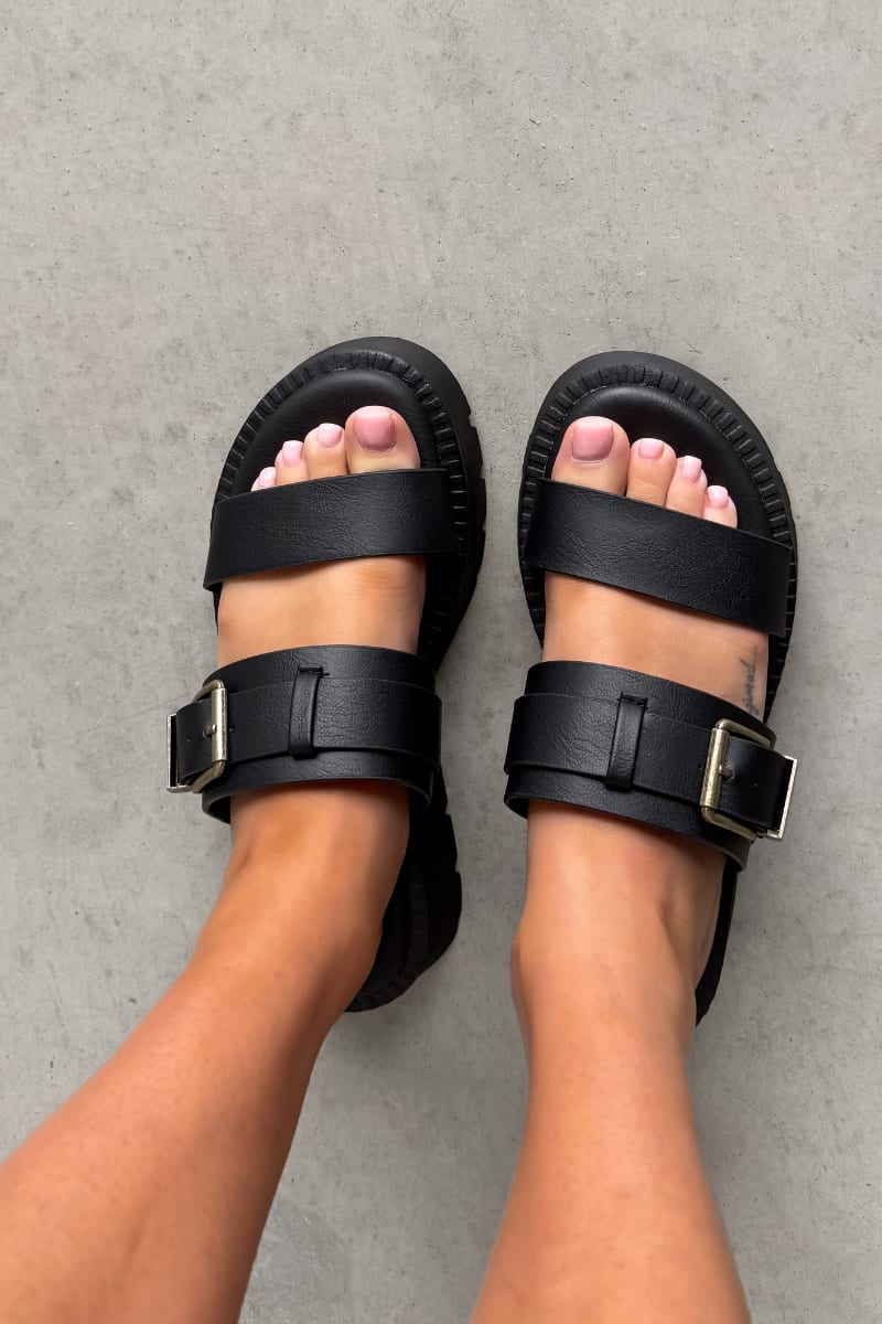 TAKE BACK Chunky Platform Buckle Sandals - Black - 4