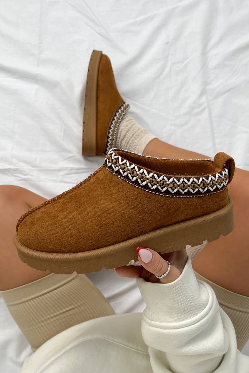 TALA Suede Embroidered Slippers - Chestnut