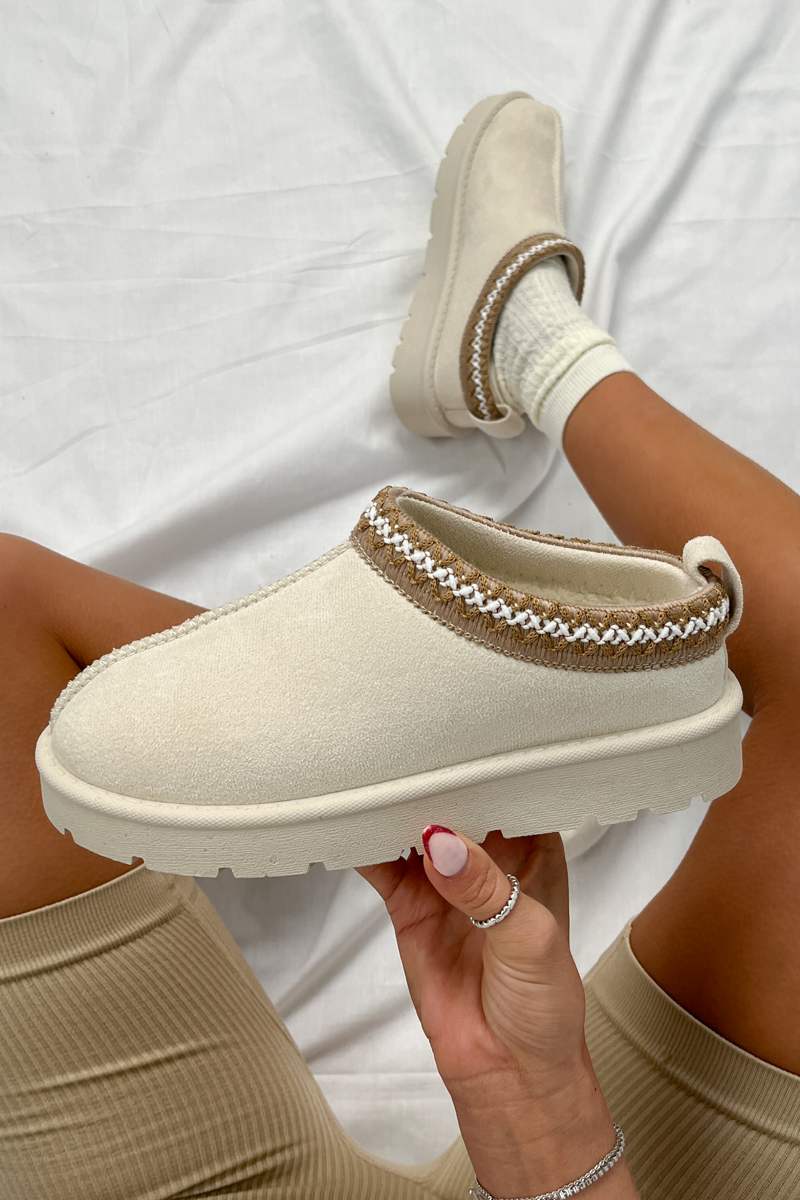 TALA Suede Embroidered Slippers - Cream
