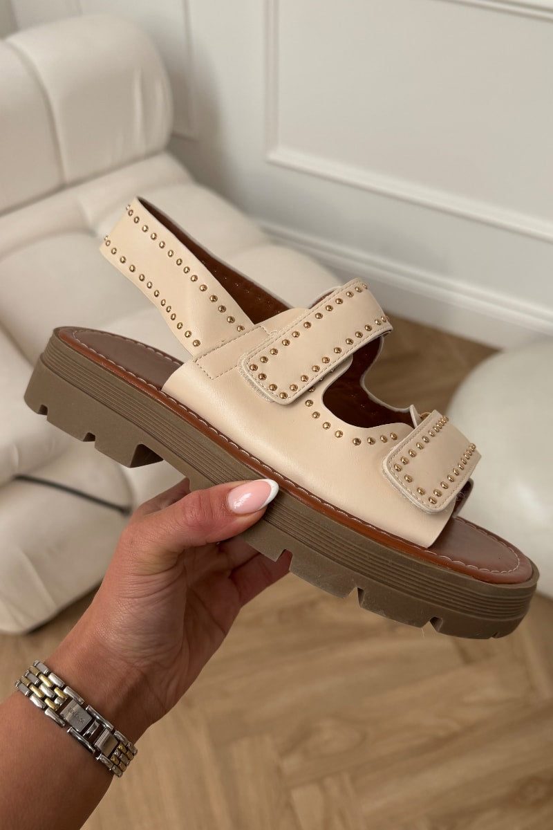 TAYLA Chunky Studded Gladiator Sandals - Beige PU