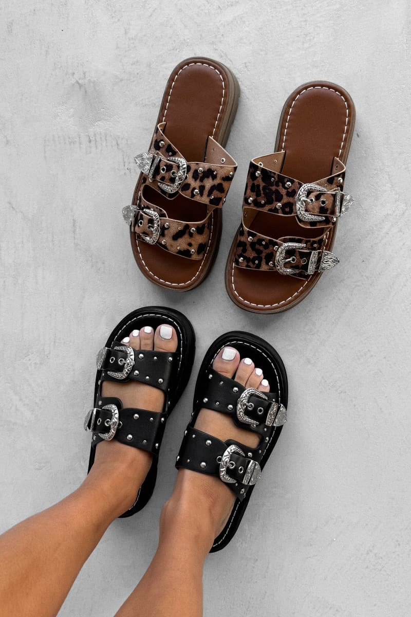TEGAN Chunky Studded Western Sandals - Black