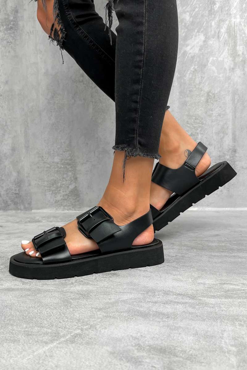 TELL IT Chunky Buckle Sandals - Black - 3