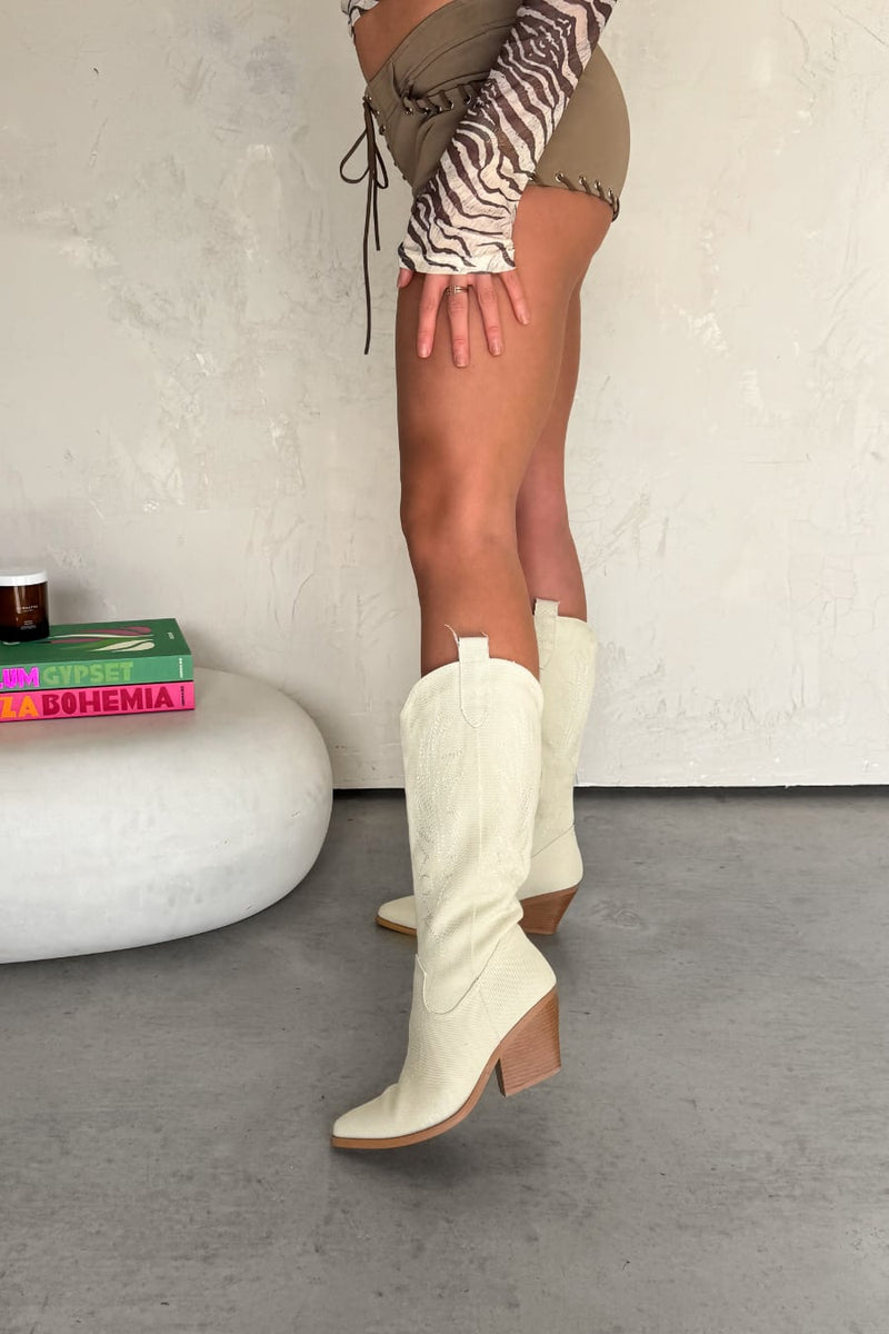 TENNESSEE Knee High Cowboy Western Boots - Cream - 9