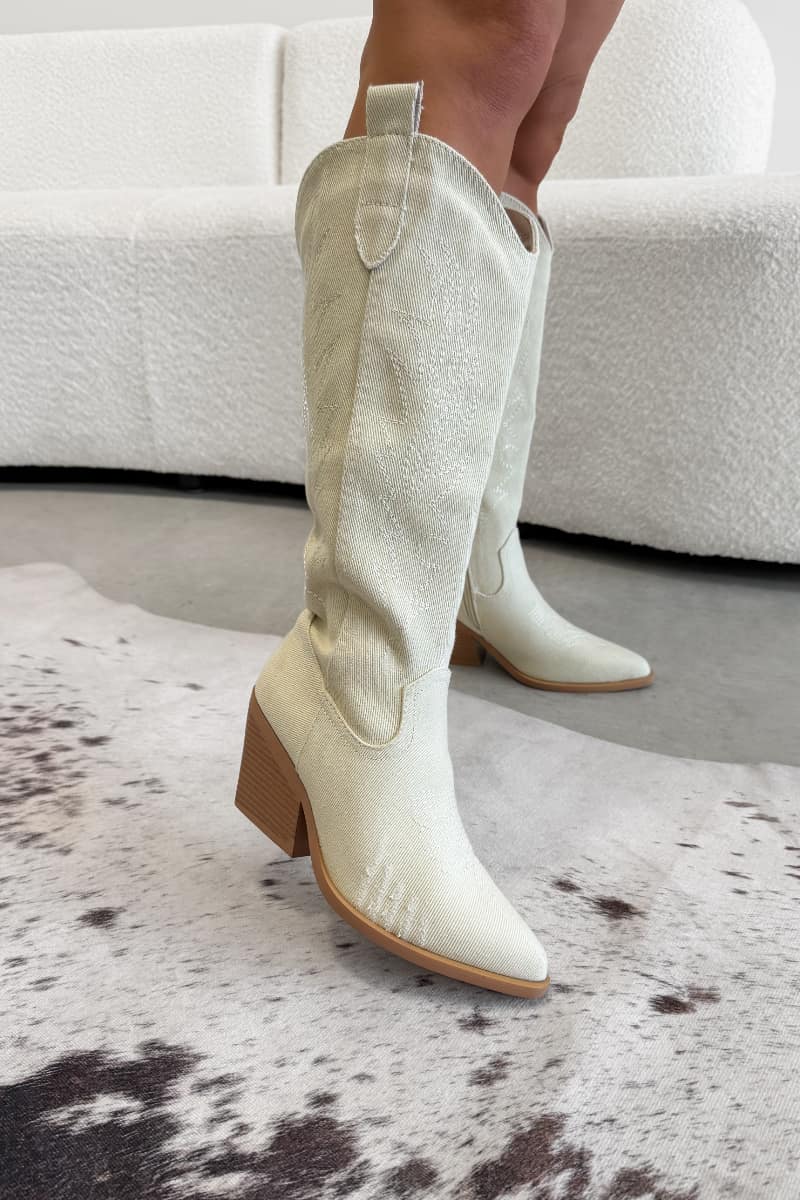 TENNESSEE Knee High Cowboy Western Boots - Cream - 2
