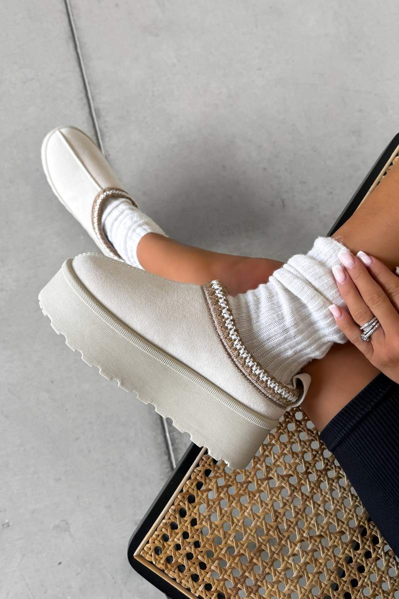 TESSA Suede Embroidered Chunky Slippers - Cream - 4