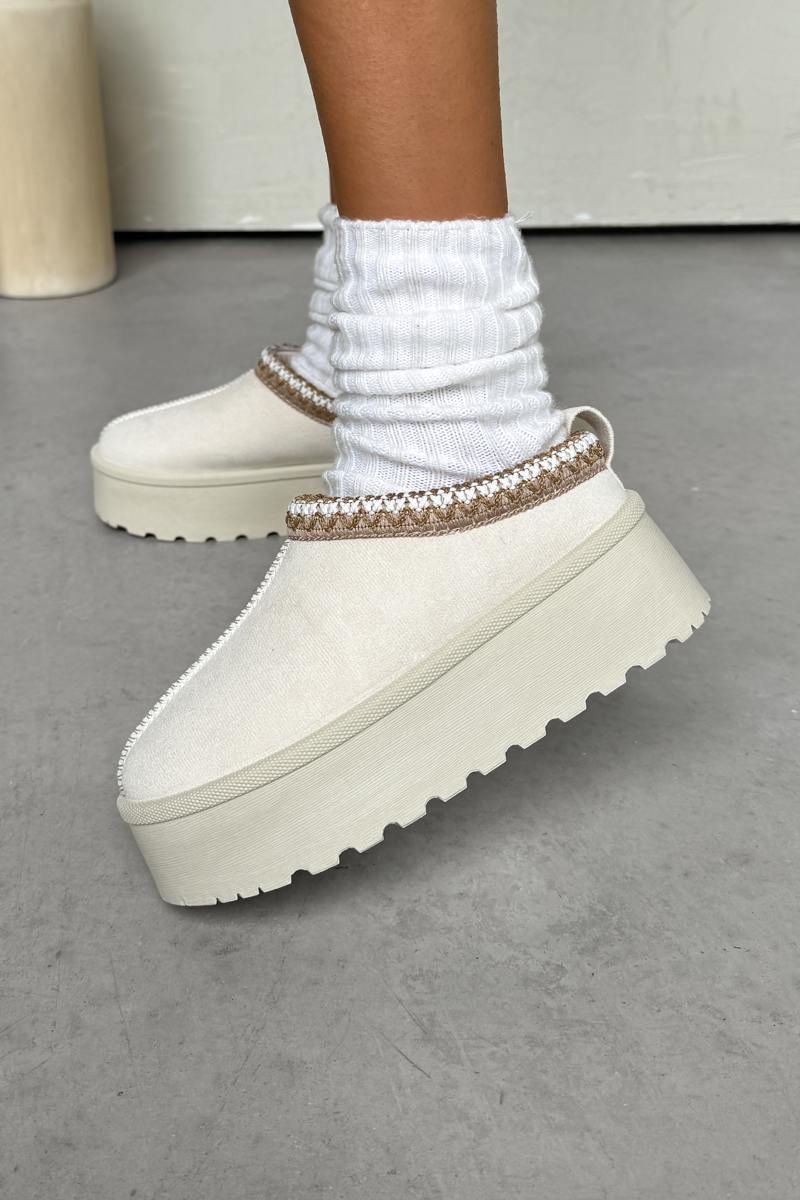 TESSA Suede Embroidered Chunky Slippers - Cream - 1