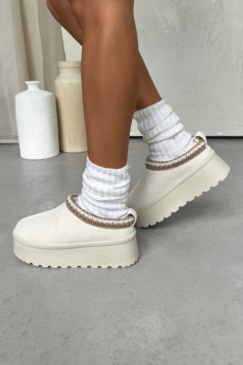 TESSA Suede Embroidered Chunky Slippers - Cream - 2
