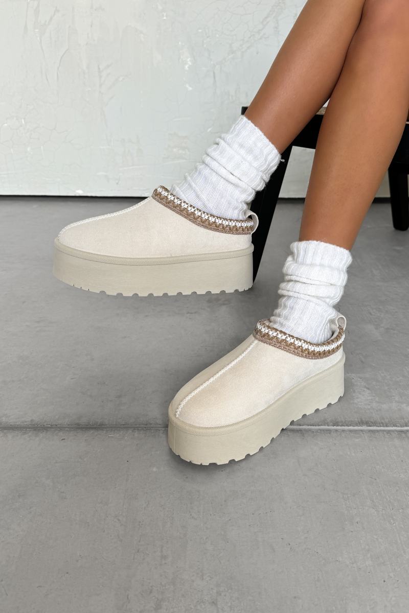 TESSA Suede Embroidered Chunky Slippers - Cream - 3