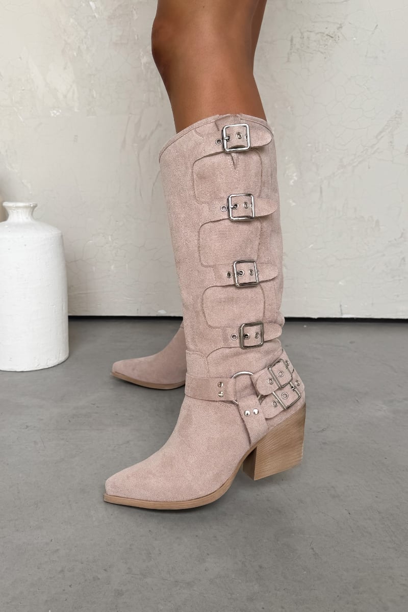 TEXAS Mid Calf Cowboy Buckle Western Boots - Beige