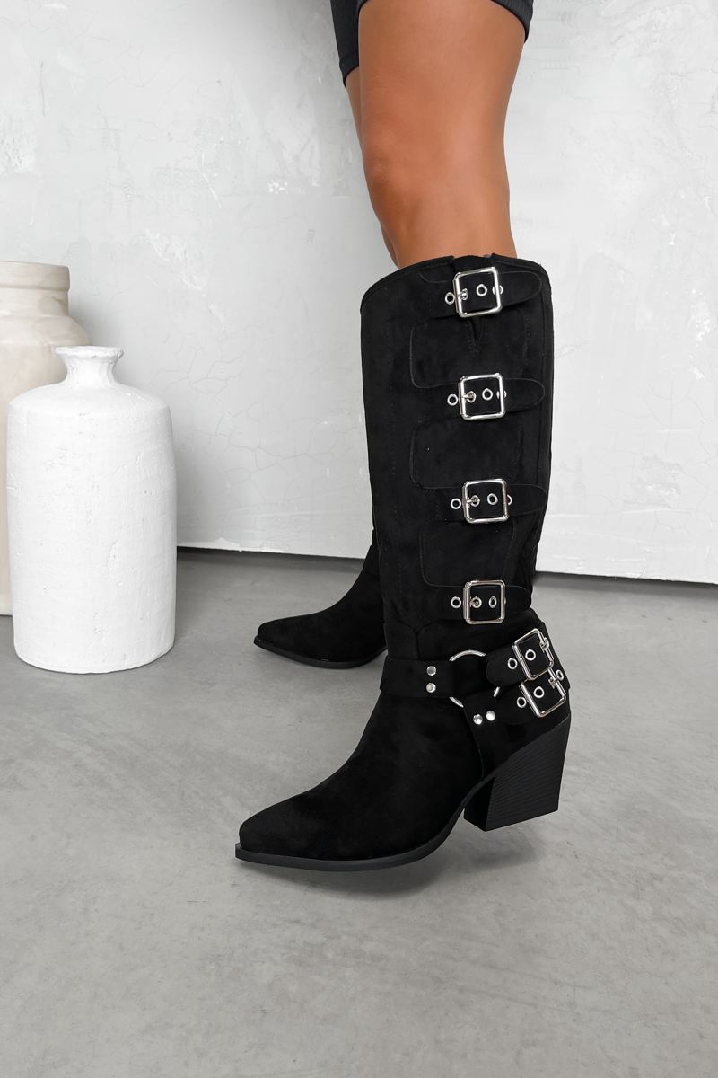 Black mid calf boots with buckles hotsell