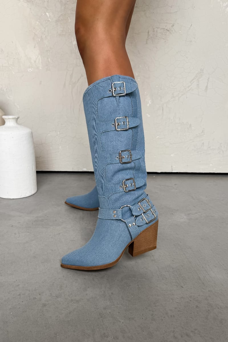 TEXAS Mid Calf Cowboy Buckle Western Boots - Blue