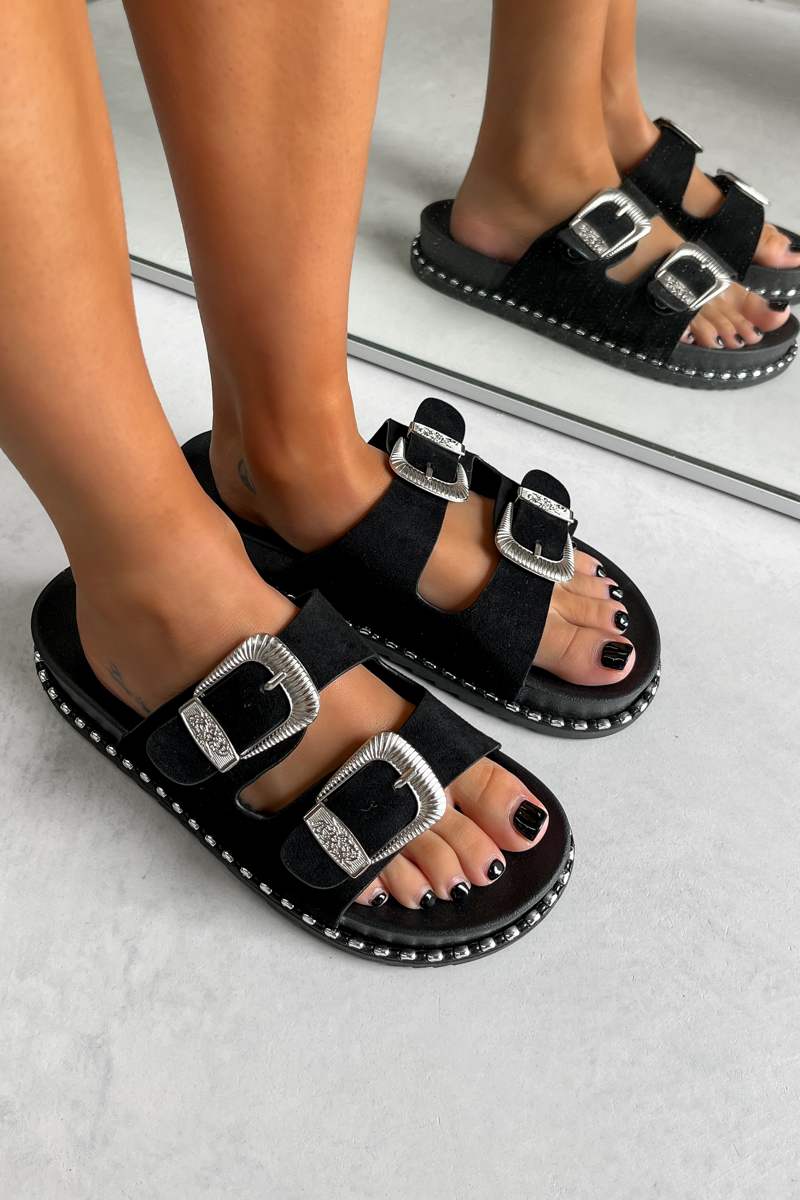 THEA Chunky Buckle Sliders - Black Suede