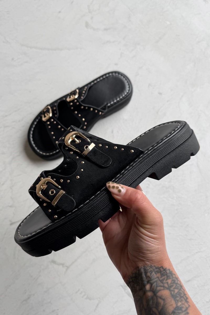 TIANA Chunky Studded Buckle Sandals - Black