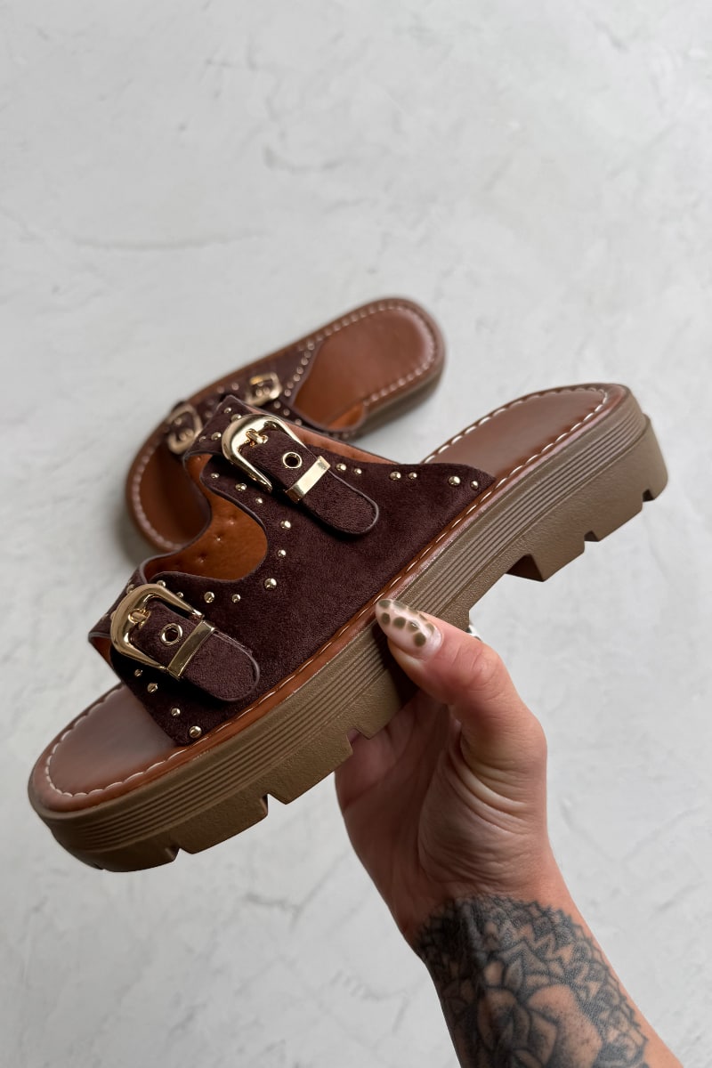 TIANA Chunky Studded Buckle Sandals - Brown