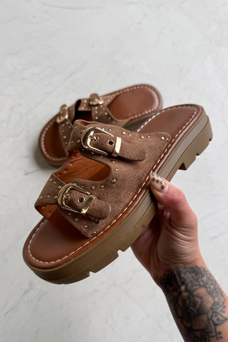 TIANA Chunky Studded Buckle Sandals - Camel