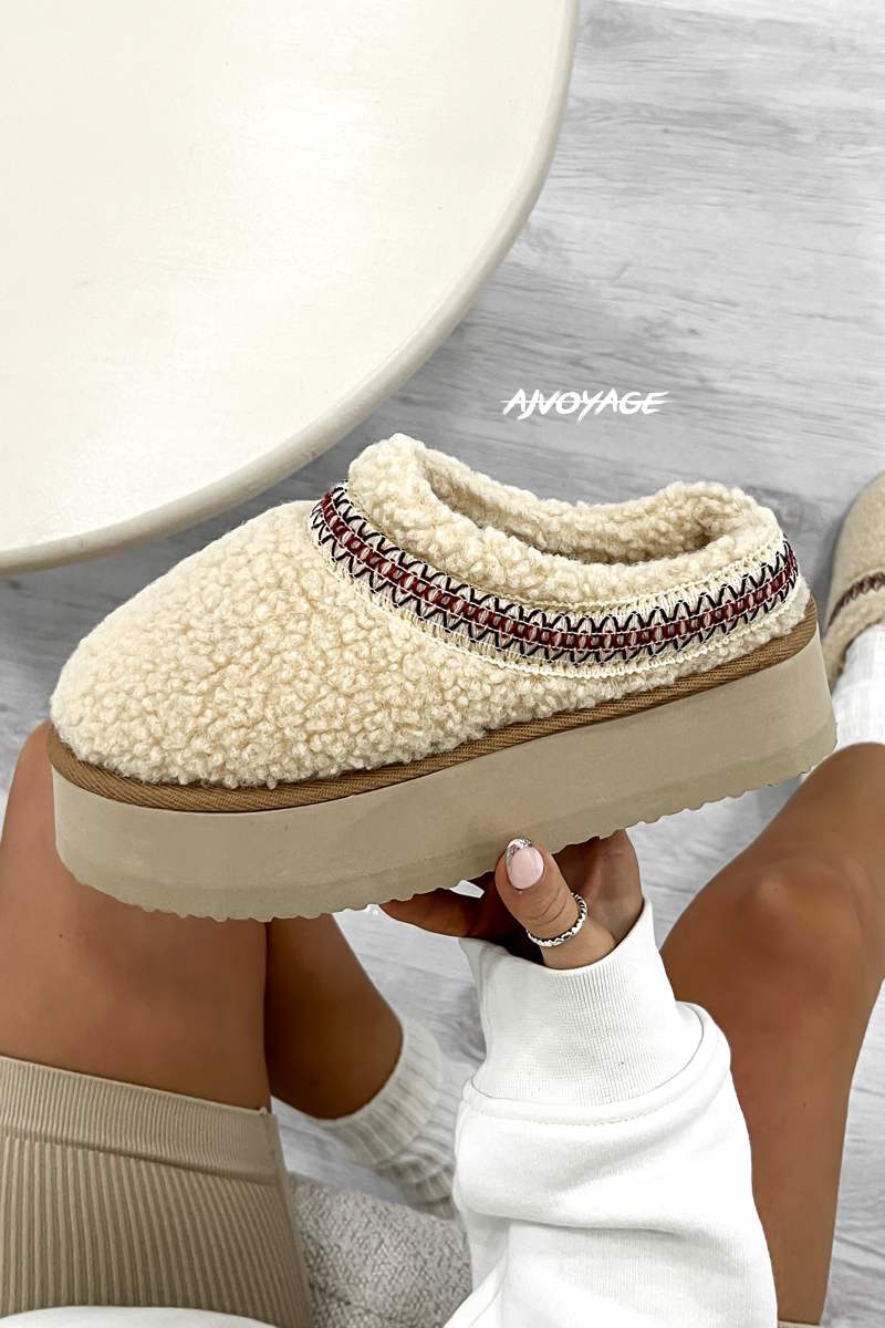 TILLY Aztec Platform Shearling Slippers - Beige